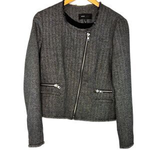 Womens MNG Casual Tweed‎ Asymmetrical Blazer Metal Zippers Pockets Raw Hem Small